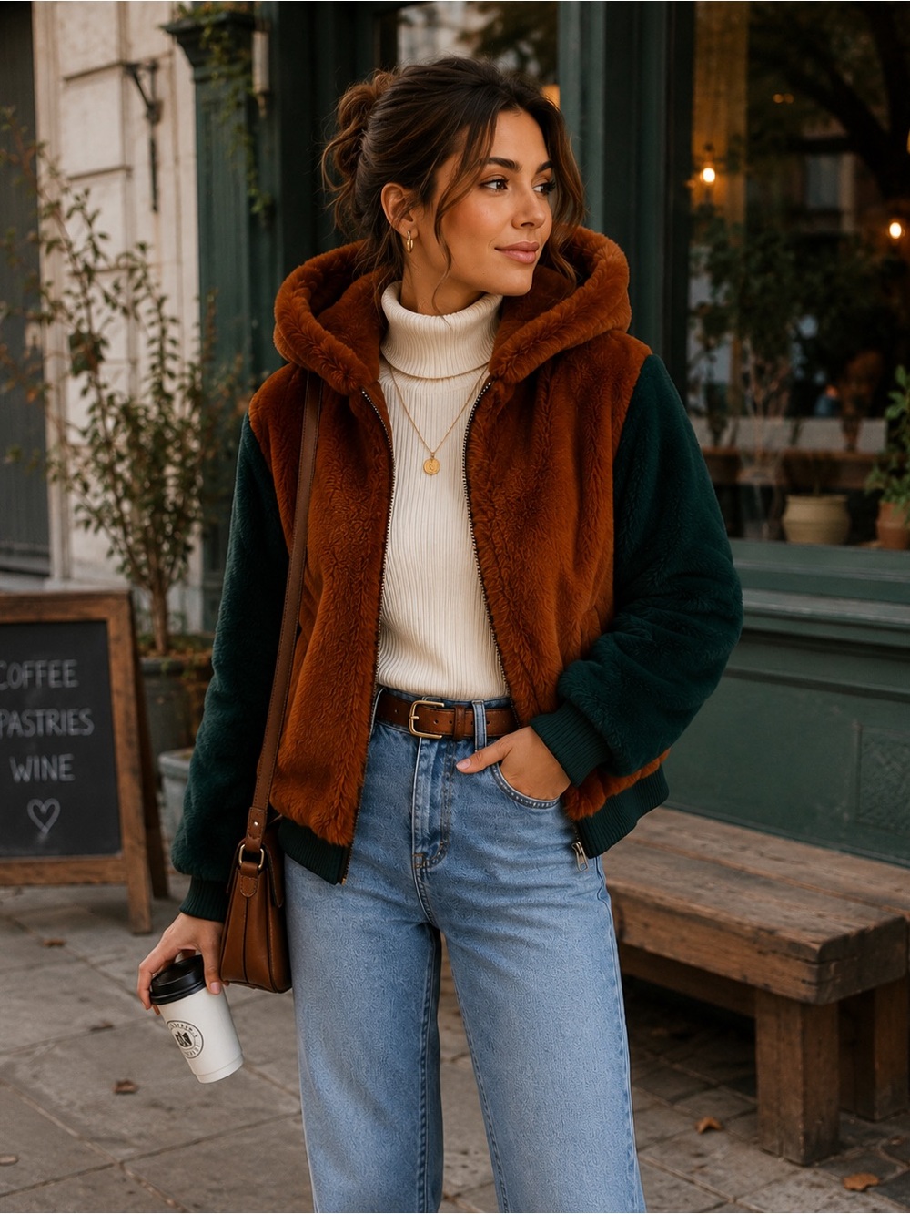 Shaci Faux Fur Cozy Hooded Woman’s Jacket in Rust and Forest Green Size Small